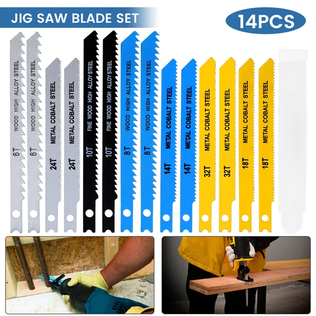 14-Piece Jig Saw Blade Set - U-Shank, High Carbon Steel For Wood, Metal & Plastic