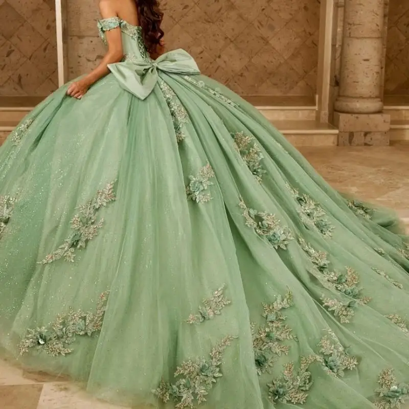 Sage Green Gorgeous Ball Gown Quinceanera Dresses Appliques Flower Beading Bow Vestidos 15 De XV A&ntilde;os Sweet 16