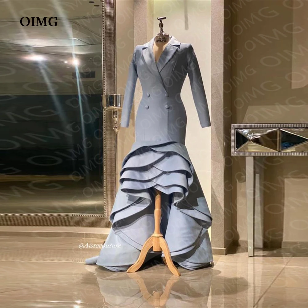 

OIMG небесно-голубые многоярусные арабские вечерние платья-русалки с длинным рукавом на пуговицах с V-образным вырезом Формальные Свадебные вечерние платья платье для выпускного вечера платья