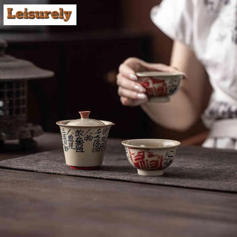 Plant Ash Handwritten Poetry Gaiwan Elegant Tea Tureen Household Tea Bowl With Lid Kit Tea Maker Cover Bowl Teaware Decoration