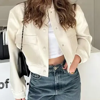 2024 Woman Bomber Jacket Coat White Autumn Winter Button Baseball Aviator Cropped Jackets For Women Long Sleeve Crop Outerwear 1