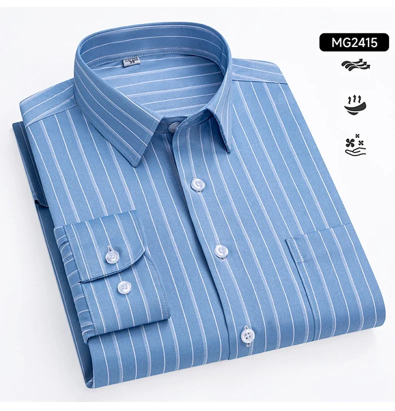 Men's Striped Stretch Business Long Sleeve Formal Dress Shirt Easy Care Casual Fashion Standard Fit Male Workwear Shirts