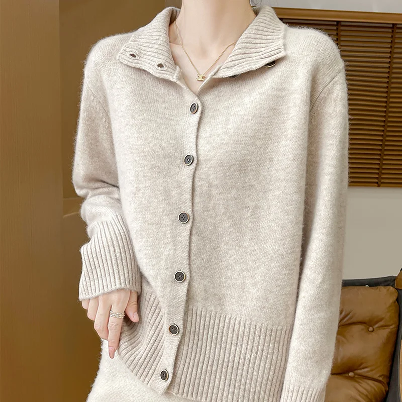 Women's Clothing Hot Sales 100% Merino Wool Women's Cardigan 2024 Autunmn/Winter New Stand Collar Cashmere Knit Sweater Jacket 4