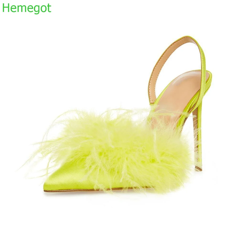 

Pointed Sexy Solid Feather Sandals White Crystal Bling Stiletto Heels Summer New Party Back Strap Plus Size Fashion Women Sandal