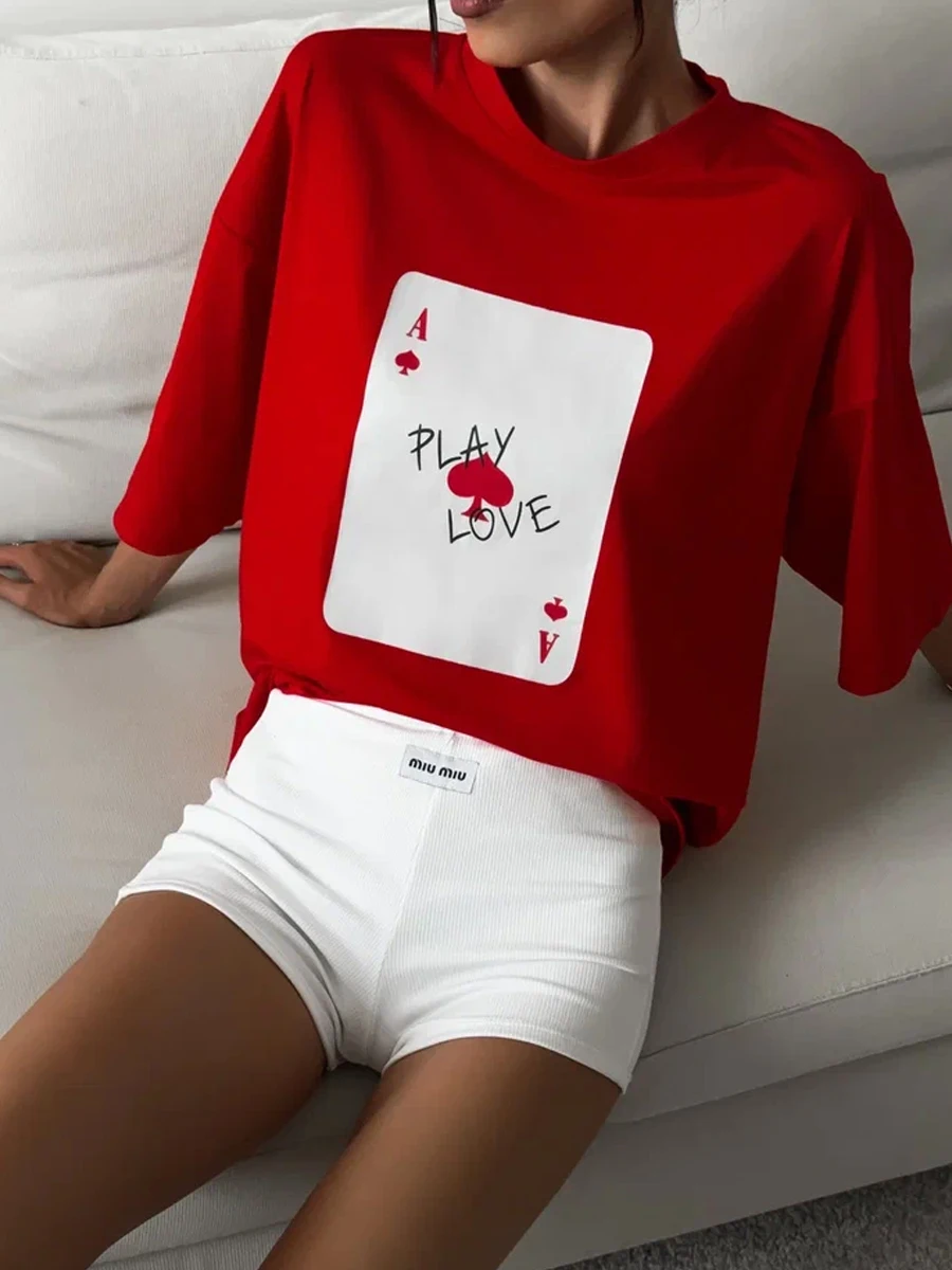 Bornladies 100% Cotton Poker Card Printed T-Shirt Women's Fashionable O-Neck Loose Short Sleeved Female Summer New Casual Top