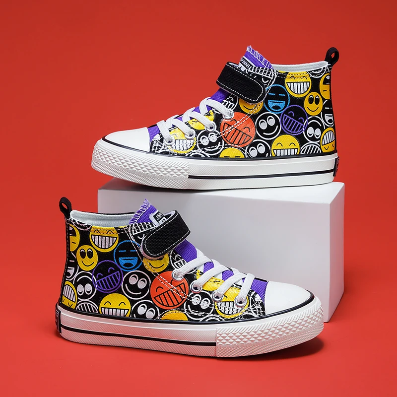 2022 Spring Fashion Smile Print High-top Boys Shoes Platform Canvas Sneakers Girls Child Vulcanized Shoes for Kids 7-12 Year Old