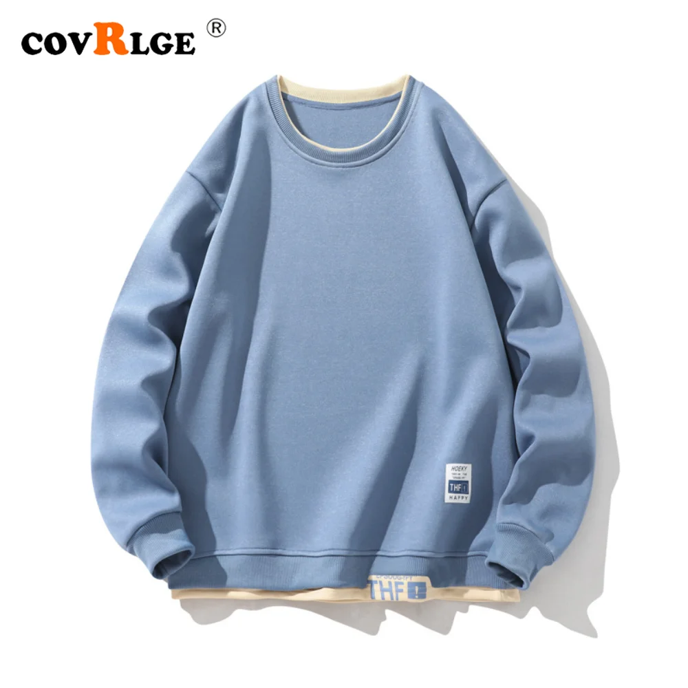 

Covrlge Men's Sweatshirt O-neck Loose Fake Two-piece Pullover Simple Casual Long-sleeved Shirt Trade Fashion Men Clothing MWW434