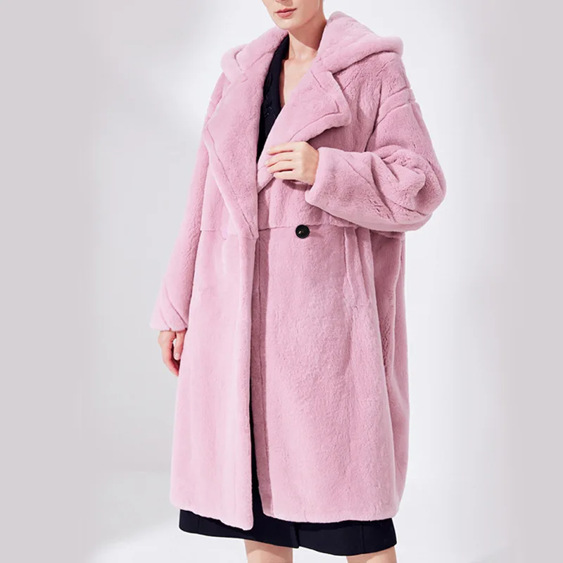

Winter Fashion New Mid Length Suit Pants Hooded Long Sleeve Loose Thickened Warm Imitation Rex Rabbit Fur Coat Women's Trend