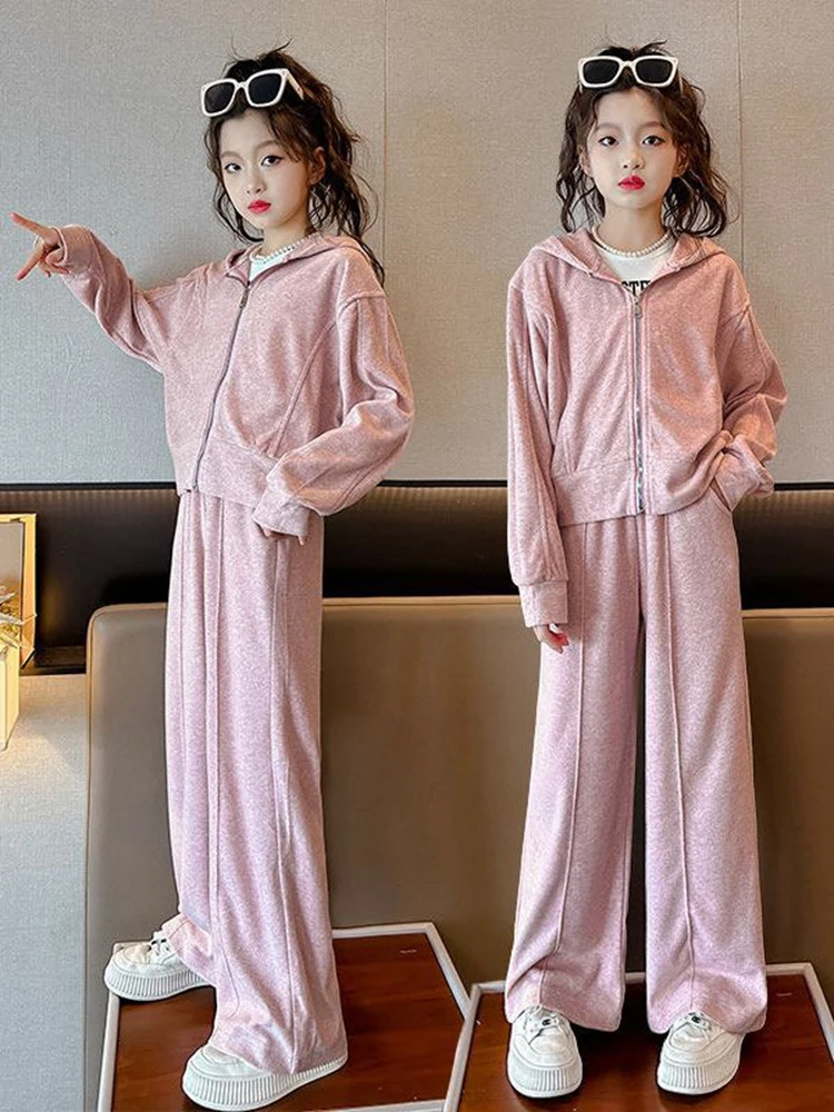 

Спортивный костюм для девочек, куртка на молнии с капюшоном и широкие свободные штаны, комплект для детей 4, 6, 8, 10, 12 лет, на весну и осень, розовый цвет