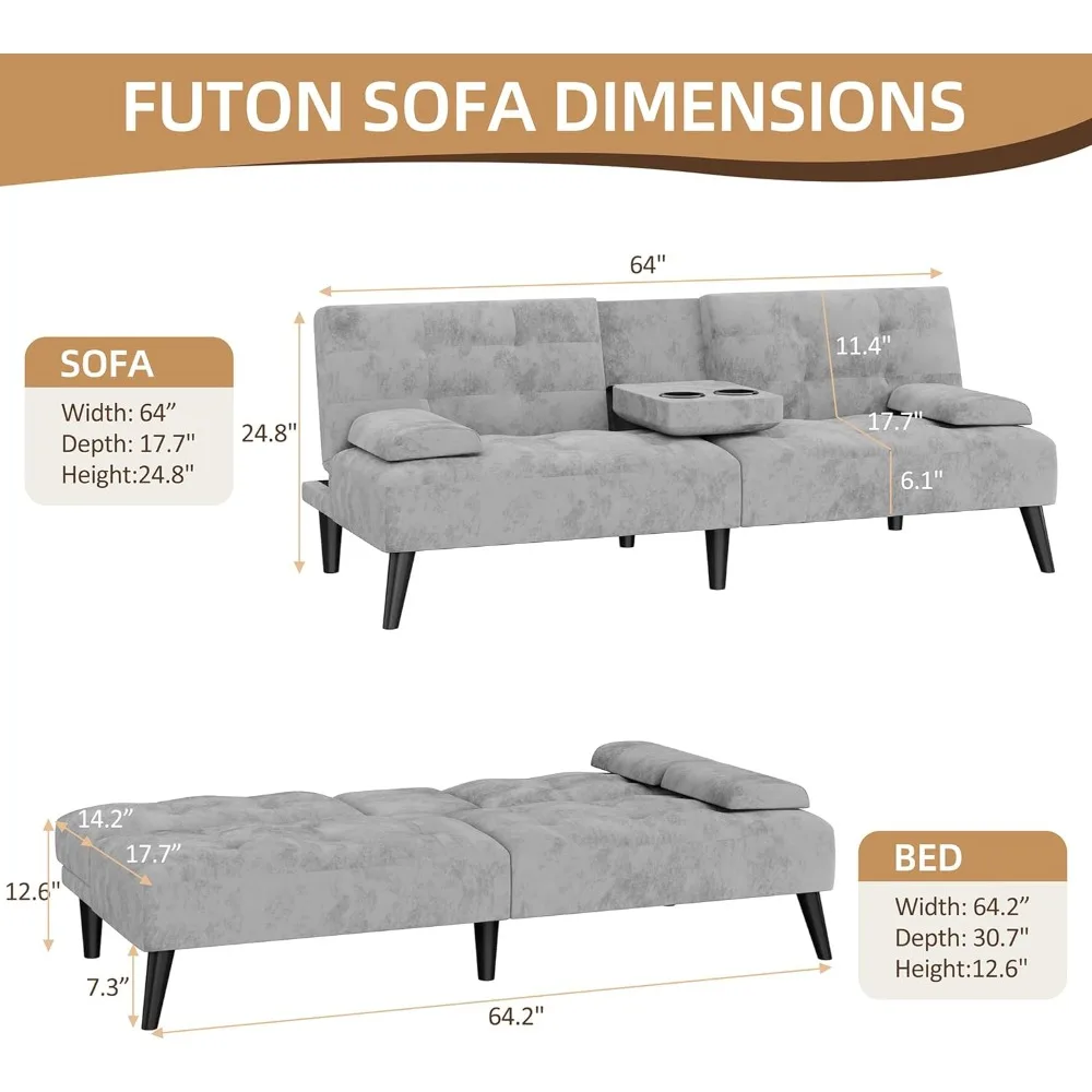 futon sofa bed, velvet foldable couch reclining sleeper w/removable armrests, upholstered loveseat w/folding cup holders for ho