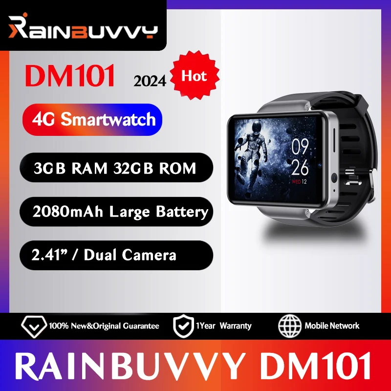 

Rainbuvvy DM101 4G LTE Smart Watch 2.4G 5G Dual Band WiFi 2.41 Inch Touch Screen 3GB RAM 32GB ROM 5MP/2MP Dual Camera Watch