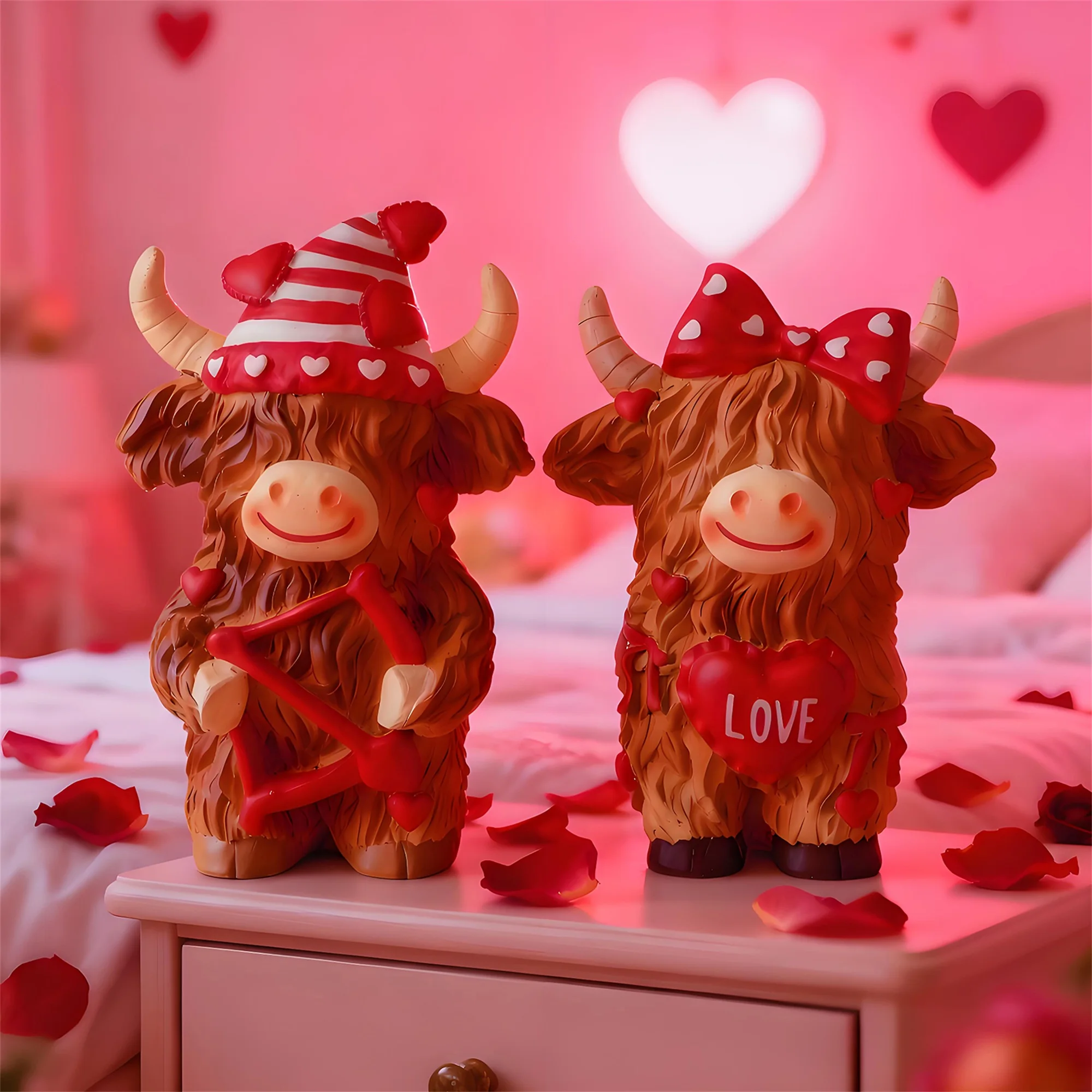Valentine s Day Highland Cow Figurines Set of 2 Resin Heart Animal Statues for Home Decor and Holiday Parties