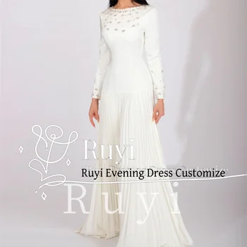 Customized Ivory Elegant Sweet Crystal Prom Dresses For Special Occasion Long Sleeves Round Neck Pleated Wedding Evening Dress