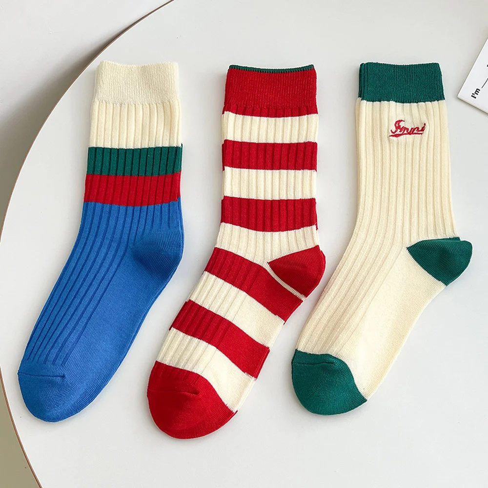 

New Cotton Women's Socks Thick Thread Double Needle Thickening Two Bar Stripe Two Bar Sports Cotton Mid-Tube Socks Recommended