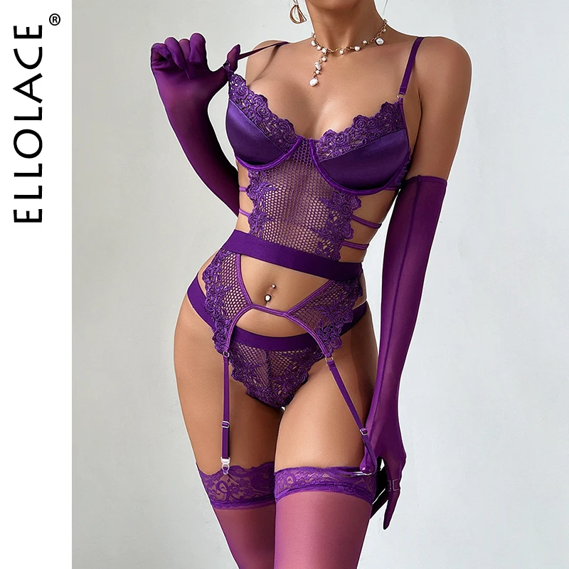 Women Lingerie Ellolace Purple Erotic Lingerie Complete Sexy Outfits Sissy G-String Thongs Lace Sex Costume Stockings Fantasy Adult Babydoll