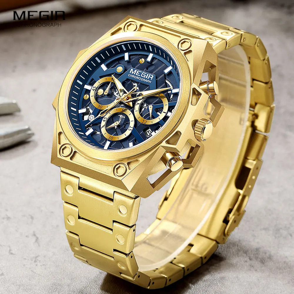 MEGIR Blue Watch Men Stainless Steel Dress Wrist Watch Man Waterproof Chronograph Quartz Watches Relogio Masculino часы мужские