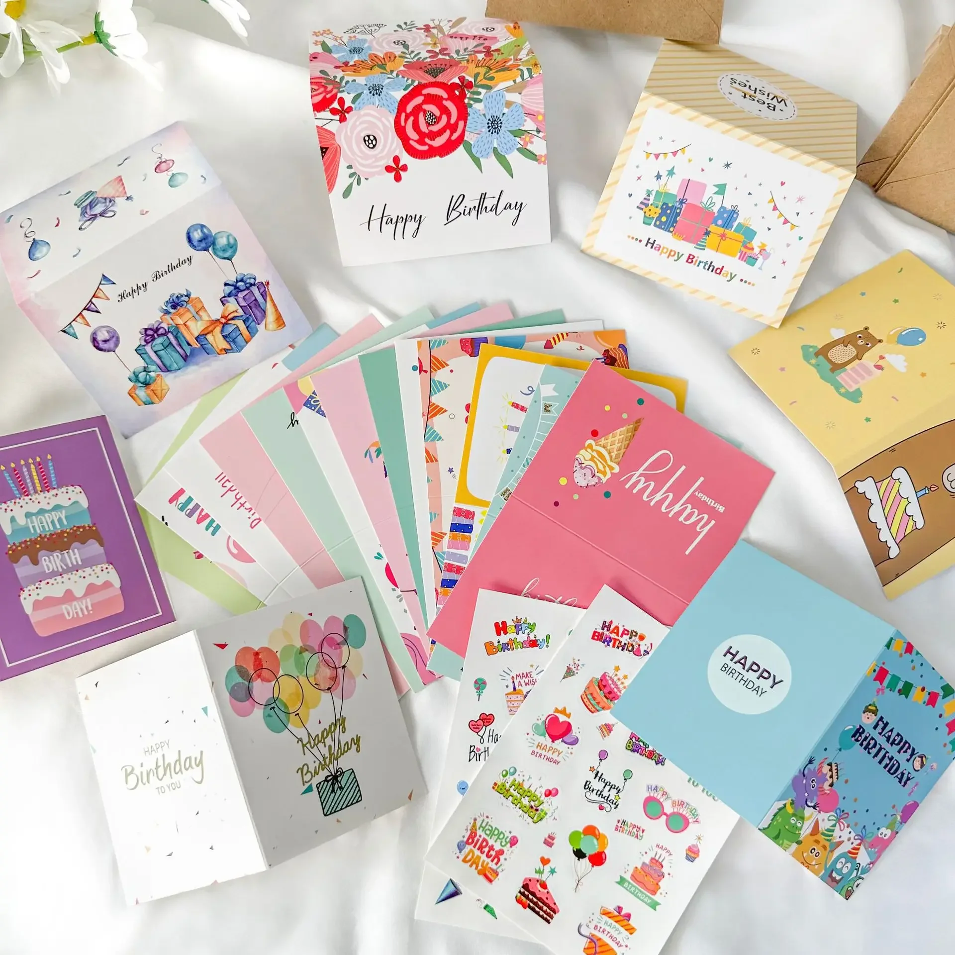 Assorted Happy Birthday Greeting Cards and Envelopes Set - 20 Handwritten Folded Cards