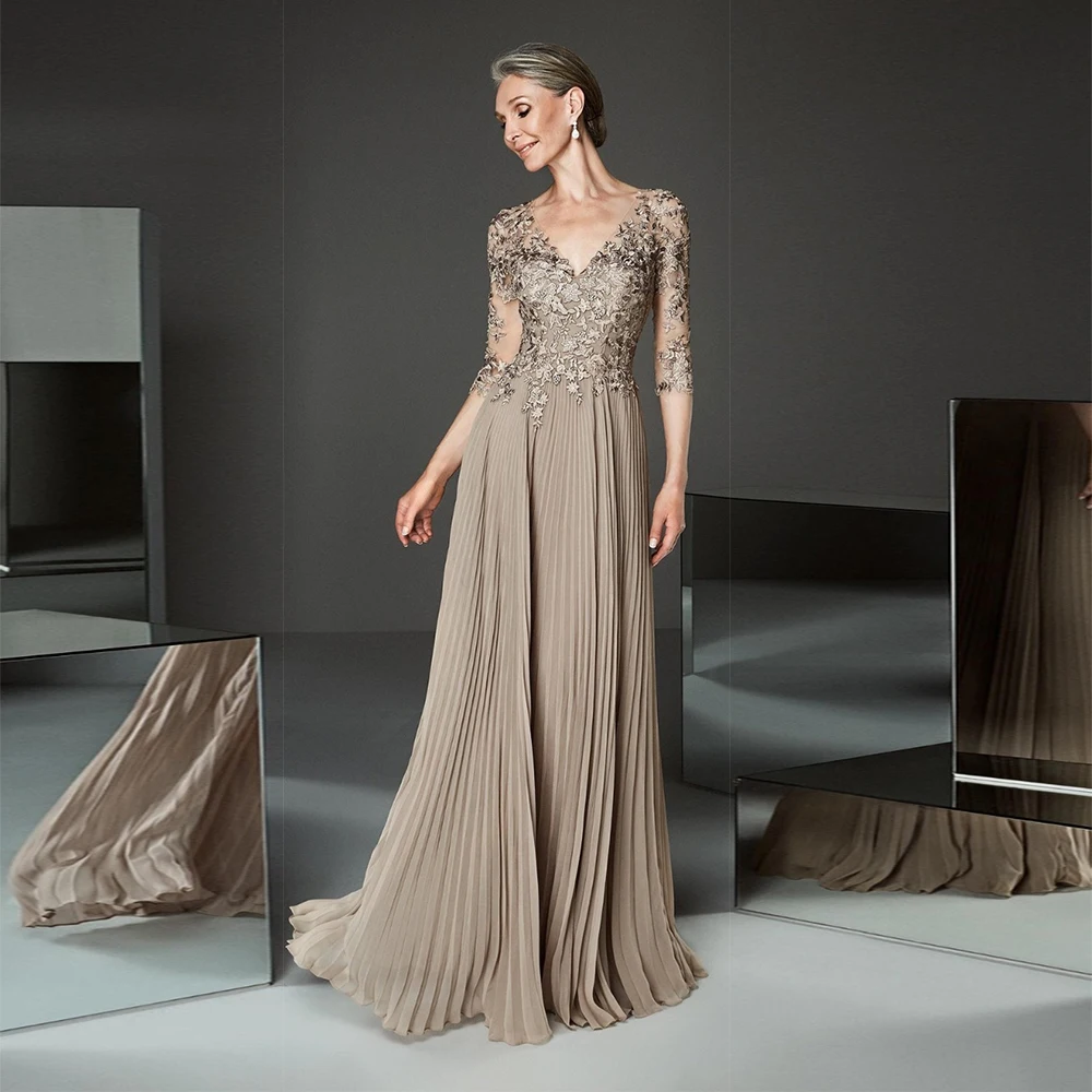 Strapless Brown Chiffon Mother of Bride Dresses Summer Three Quarter Lace Pleat Wedding Party Gowns Party