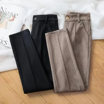 Pantaloni di lana da donna 2024 Autunno Inverno in pile Pantaloni stile harem dritti eleganti Versione coreana Pantaloni casual blazer caldi femminili 1