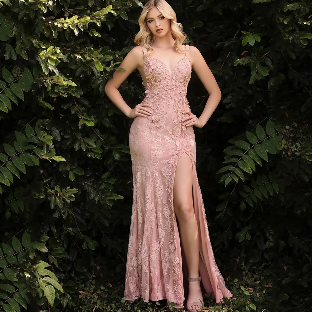 

Elegant Evening Party Gown Sexy Deep V-neck Split Skirt Mermaid Train Open Back Beautiful Applique Women Fashion Prom Dresses