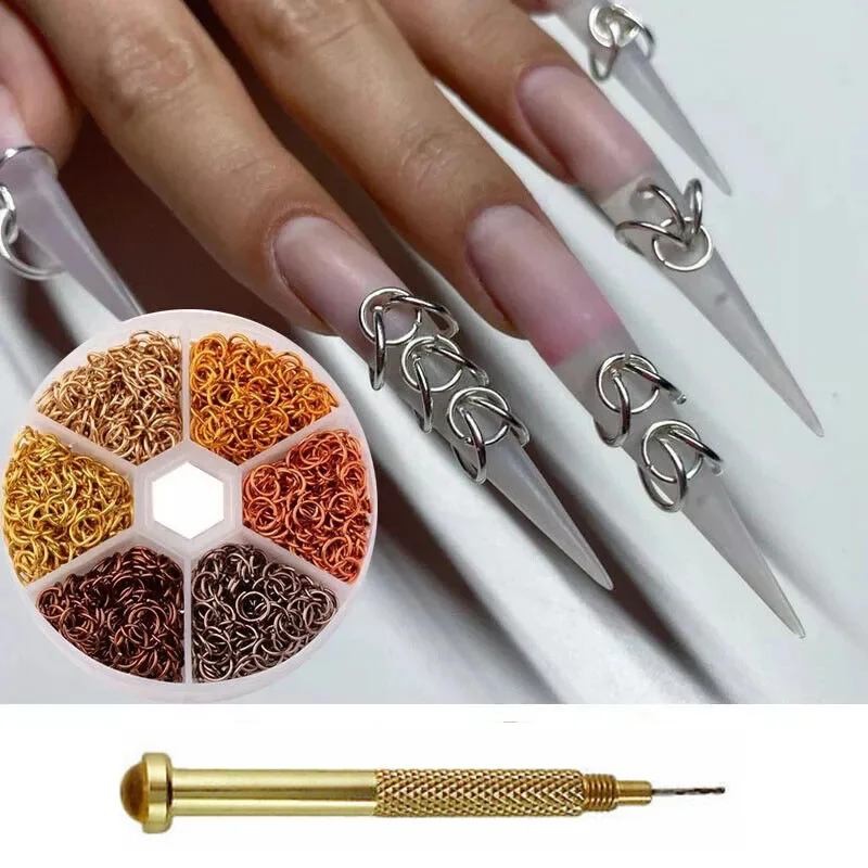 Metal Rivet Nail Decoration Piercing Jewelry Rings,1PCS Nail Drill Tool Silver Perforated Punk Nail Piercing Art Dangle Charms 2