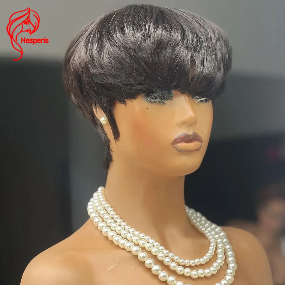 Hesperis Glueless Full Lace Short Pixie Cut Human Hair Wigs For Women Natural Color Free Part Pixie Bob Lace Wigs With Bang