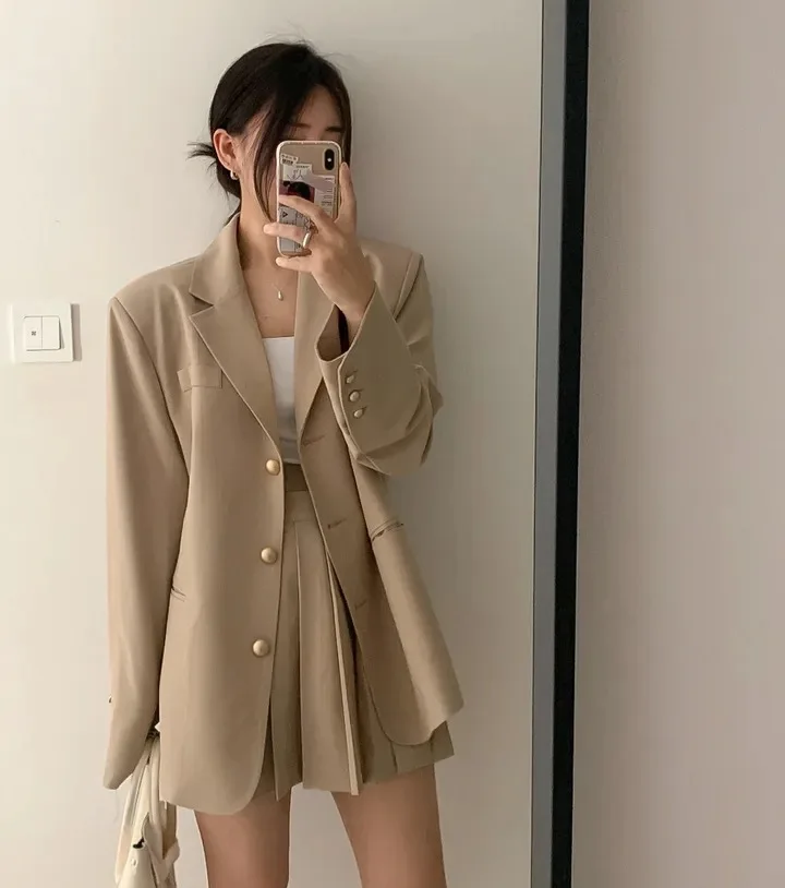 Korean Chic Two-piece Skirt Set Women Single Breasted Blazer Loose Jacket Solid Pleated Mini Skirt Autumn Office Lady Outfits
