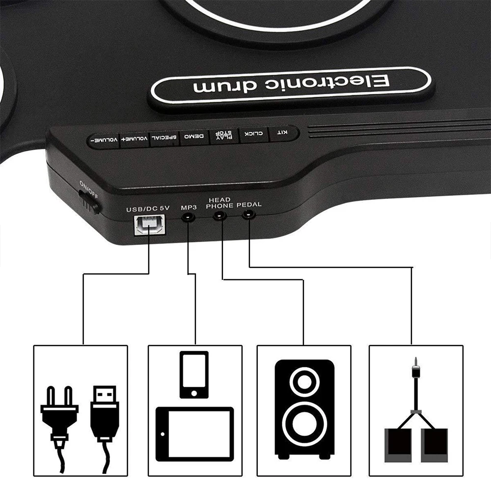 Portable Digital Roll Up Drum Set USB 7/9 Pads Electronic Drum Set Silicone Electric Pad Kit with Drumsticks Foot Pedal