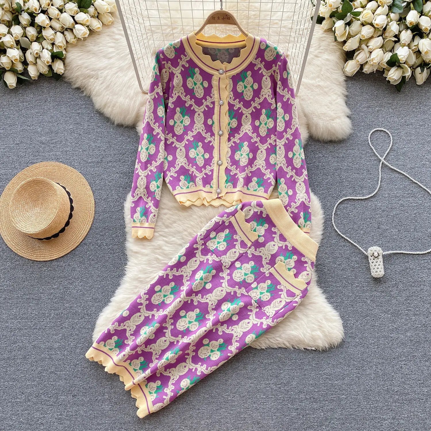 Choupette Pear Decorated Knitted Summer Set (T-Shirt And Skirt)