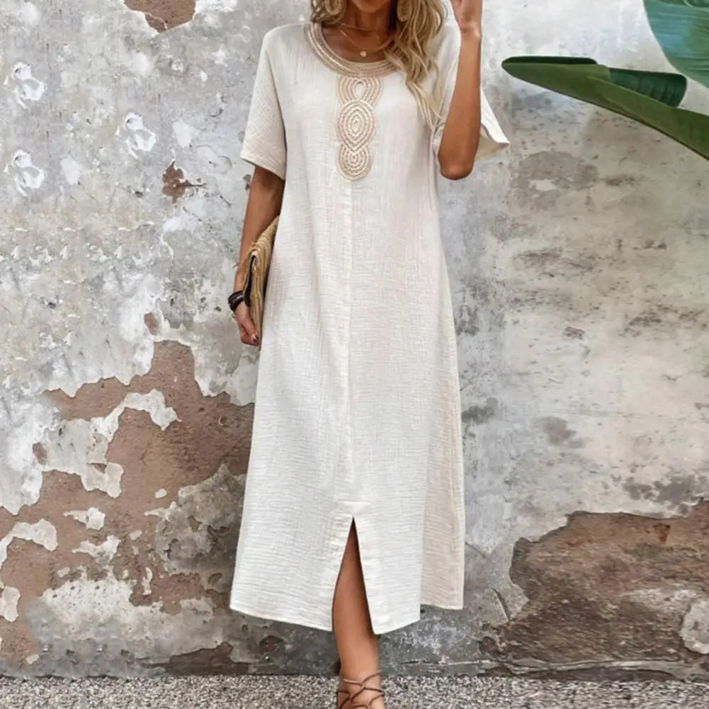 

Summer Women Dress Short Sleeves Split Hem O Neck Loose Retro Bohemian Straight Casual Breathable Casual Vacation Midi Dress