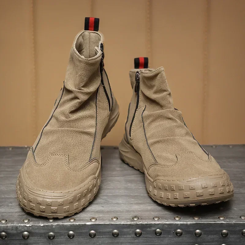 Men's Boots High Cut Workwear Shoes Autumn 2025 Flat Zipper Pleated Non Slip Comfort Thick Soled Wear-resistant Fashion Boots