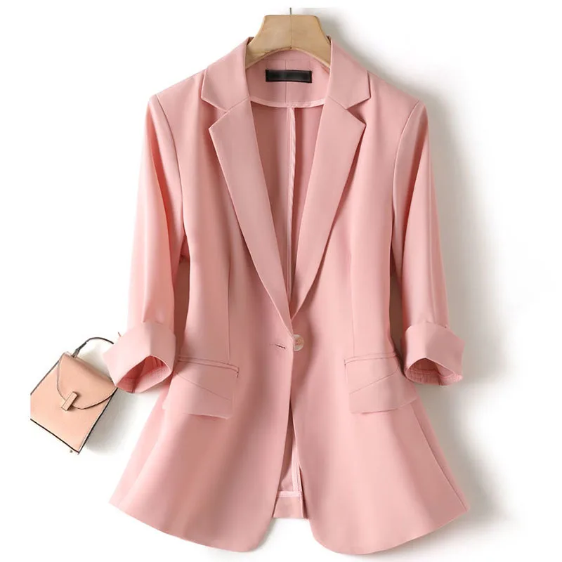 Pink Thin Female Blazer 2022 Summer New Slim Fit Three Quarter Sleeves