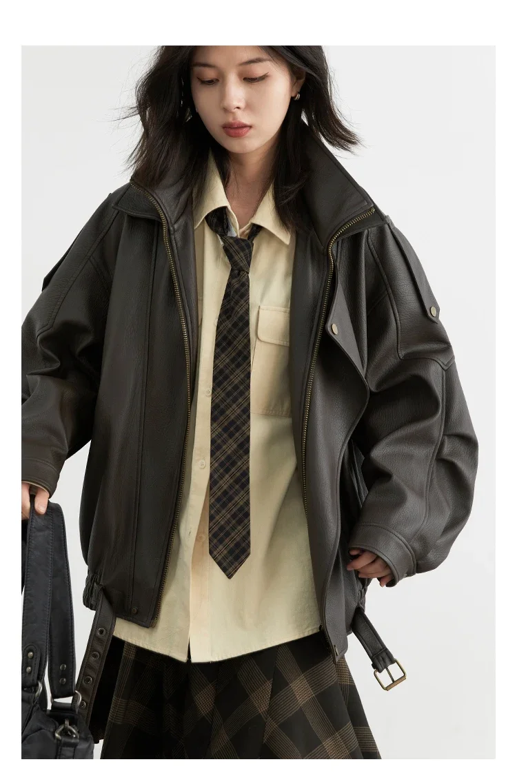 CHIC VEN Women PU Jacket New Loose Retro Motorcycle Faux Leather Quilted Coat Female Overcoat Thick Warm 2025 Spring Autumn Top