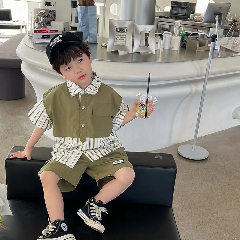 

Summer boys fashion cool clothes sets Children striped patchwork short sleeve shirt and shorts 2pcs set