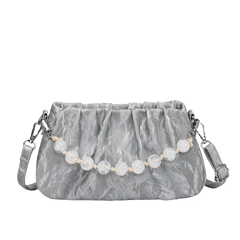 Bolso de hombro de PU sólido con cremallera para mujer joven, novedad de verano 2024, bolso cruzado portátil con volantes y cuentas de terciopelo de alta calidad.