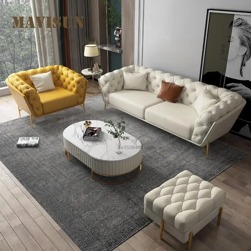 

Light Luxury Post-Modern Leather Sofa American Style Simple Villa Living Room Three-Seat Lounge Couch Combination Home Furniture