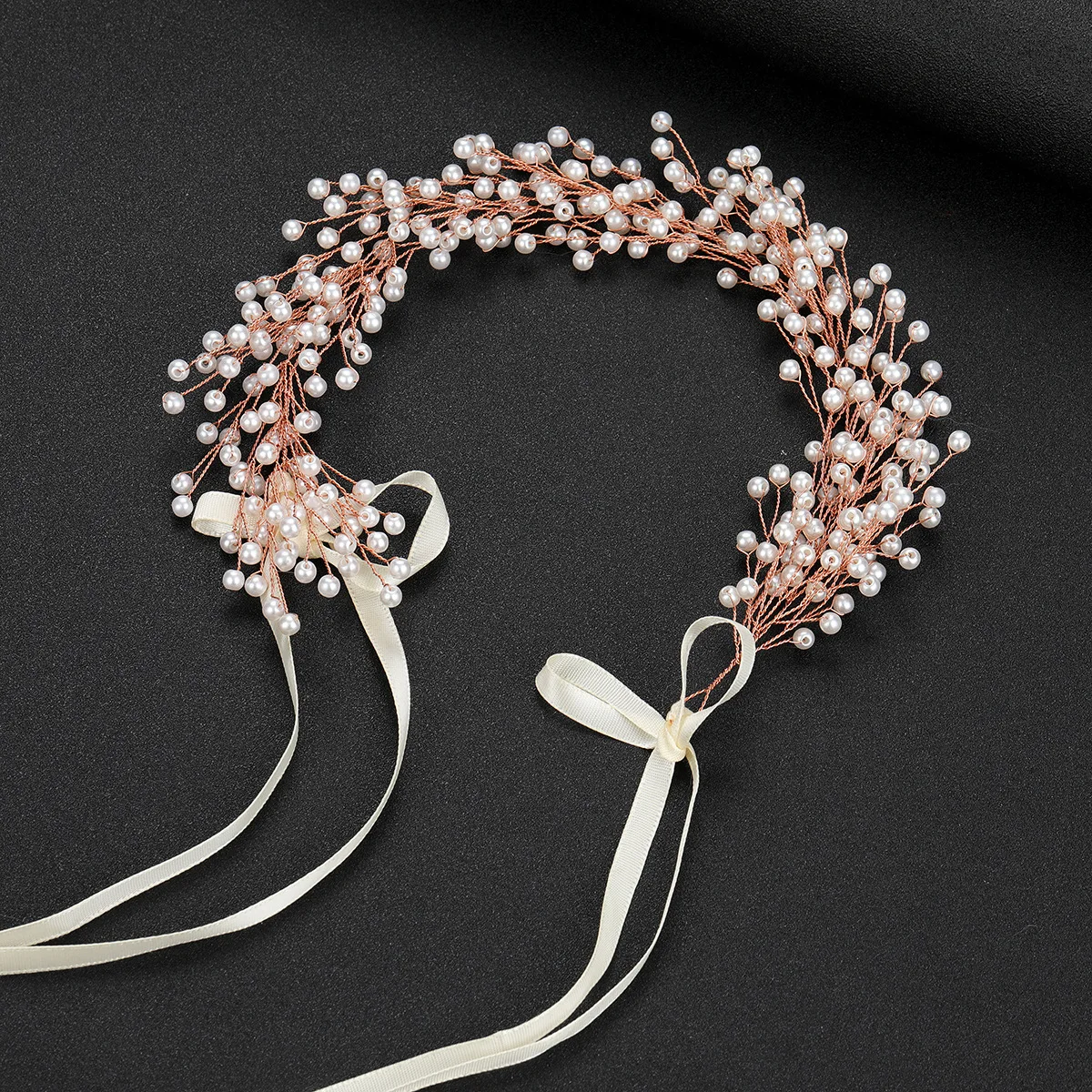Creative Handmade Romantic Rose Gold Hair Band Pearl Ribbon Wedding