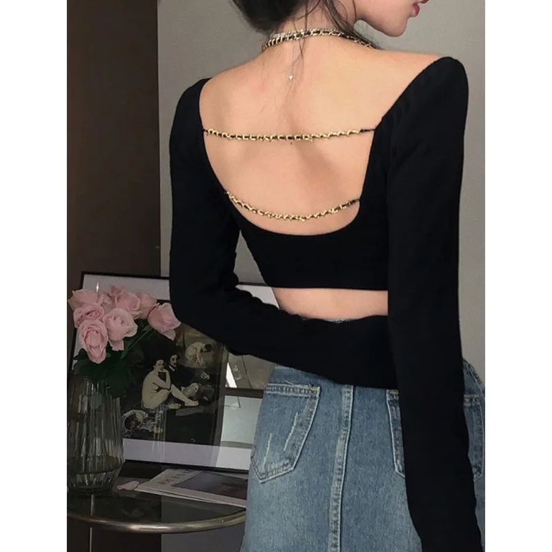 

Женская короткая футболка с открытой спиной, с длинным рукавом и цепочкой, в Корейском стиле, приталенный и стройнящий Топ для девушек, в стиле Instagram, новинка на весну