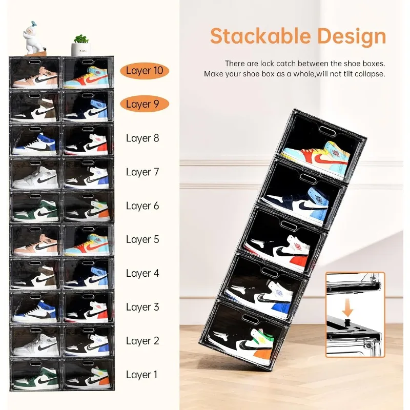 New 8 Pack Shoe Boxes Stackable, Large Shoe Storage Organizer with Lids,Drop Side Shoe Containers for Entryway,Sneaker Storage 6