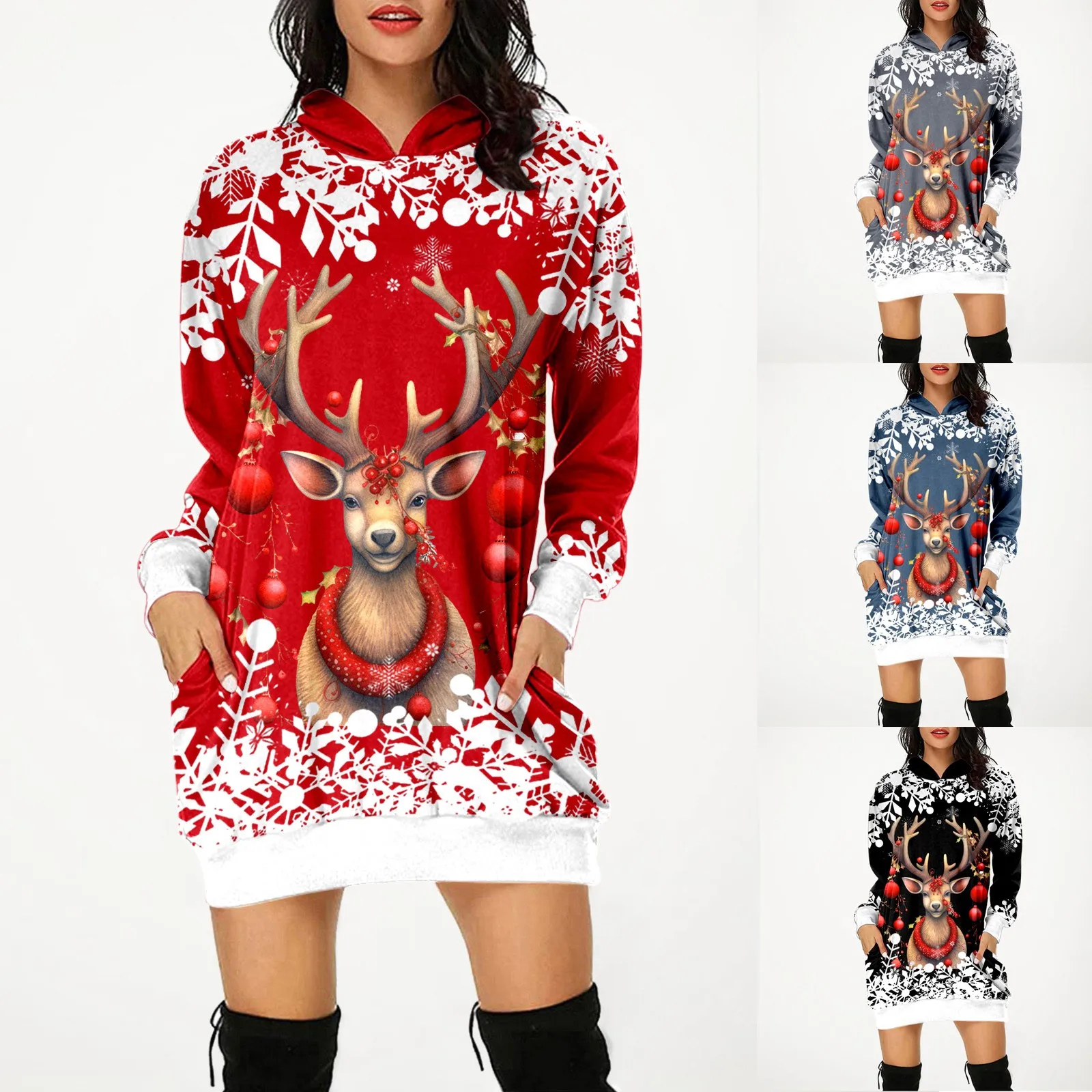 

Cotton Blend Sweatshirt Women Women's Fashion Christmas Long Sleeve Bag Hip Pocket Print THin Fashion Ladies Sweatshirt Tunic