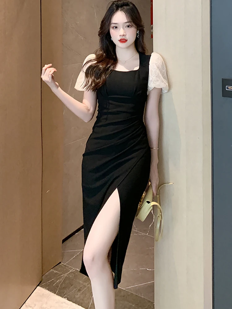 

Summer Black Patchwork Sequins Puff Sleeve Midi Dress Women Korean Vintage Hepburn Long Dress 2024 Elegant Bodycon Evening Dress