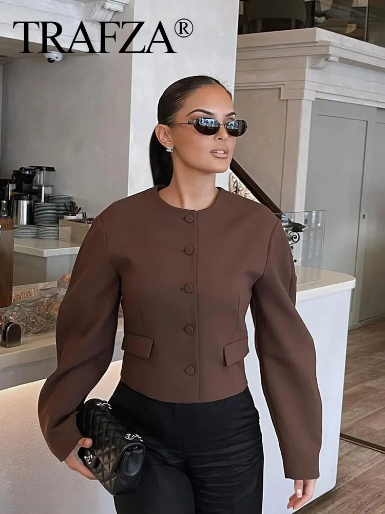 HH Women Vintage Solid O Neck Cropped Blazer Coat Single Breasted Long Sleeve Jacket Female 2024 Fashion High Street Outwear