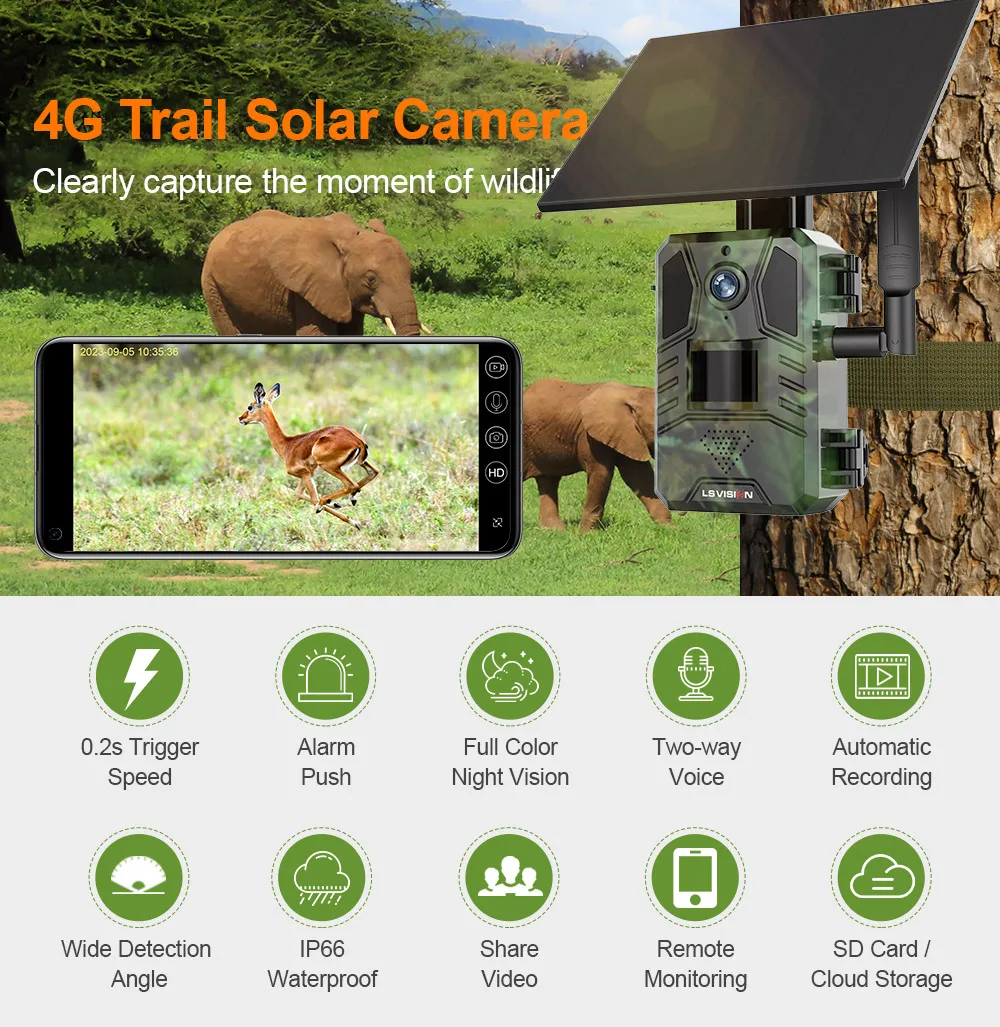 LS VISION 4G SIM Solar Wild Camera Outdoor 4MP Hunting Trail Camera Motion Activ