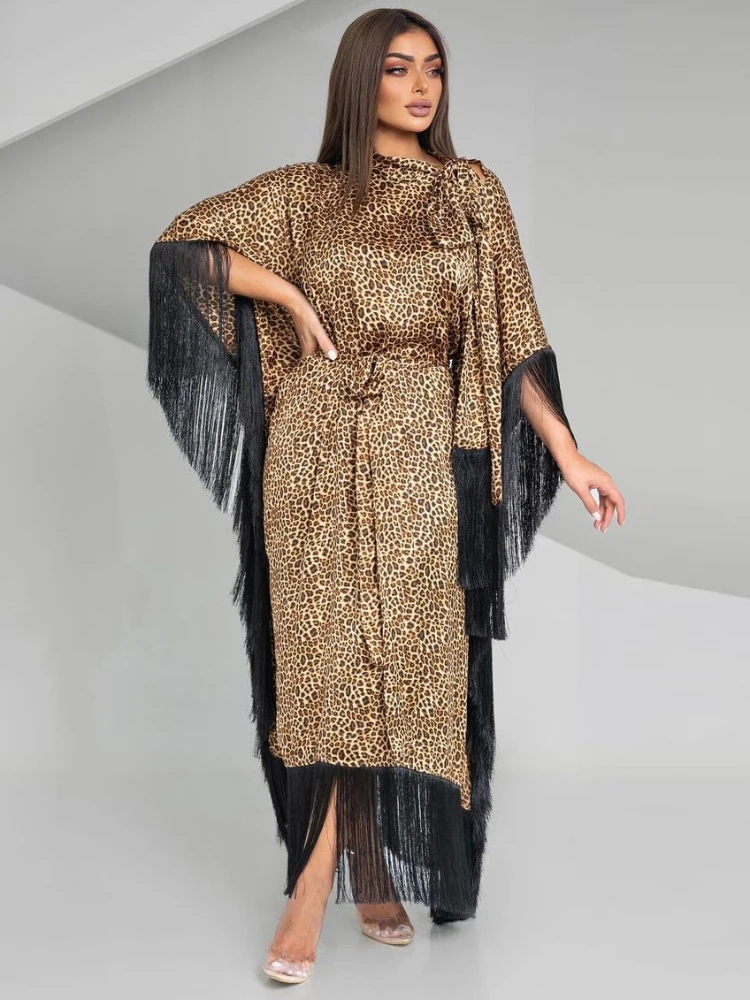 

Eid Modest Muslim Dress for Women Batwing Abaya Leopard Print Tassel Party Dresses Dubai Luxury Morocco Ramadan Long Robe Kaftan