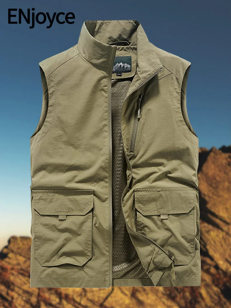 

ENjoyce Spring Fall Men Vest Jacket Big Pockets Hunting Fishing Hiking Outdoor Waistcoat Quick Drying Sleeveless Zip Up Coats