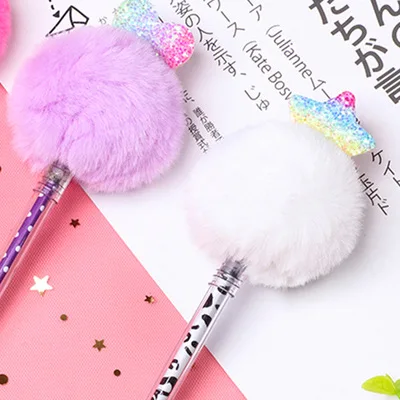 1PCS Creative Stationery Lovely Fur Plush Hair Ball Neutral Pen 0.5MM Black Water Signature Fluffy Creative Gel Pen Writing Tool