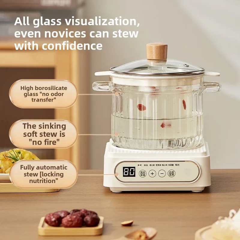 220V 1.8L Glass Pot Slow Cooker for Baby Food with Automatic Water Separation Stewing Feature & Food Nutrition Retention