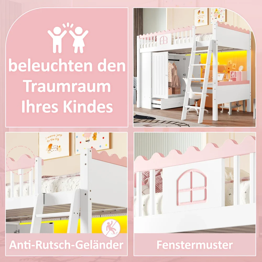 90x200cm modernes Etagenbett, Einzelbett (ohne Matratze), mit LED-Leuchten, mit Kleiderschrank, mit Ablagefach, Kiefernholz, für Schlafzimmer – Detail 5