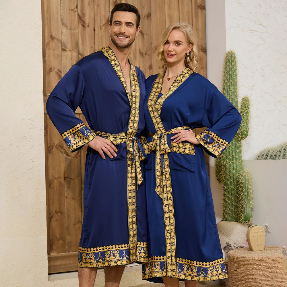 Autumn New Baroque Style Couple Nightgown Long Sleeve Robe Long Morning Robe Luxury Silk Satin Bathrobe Home Clothes