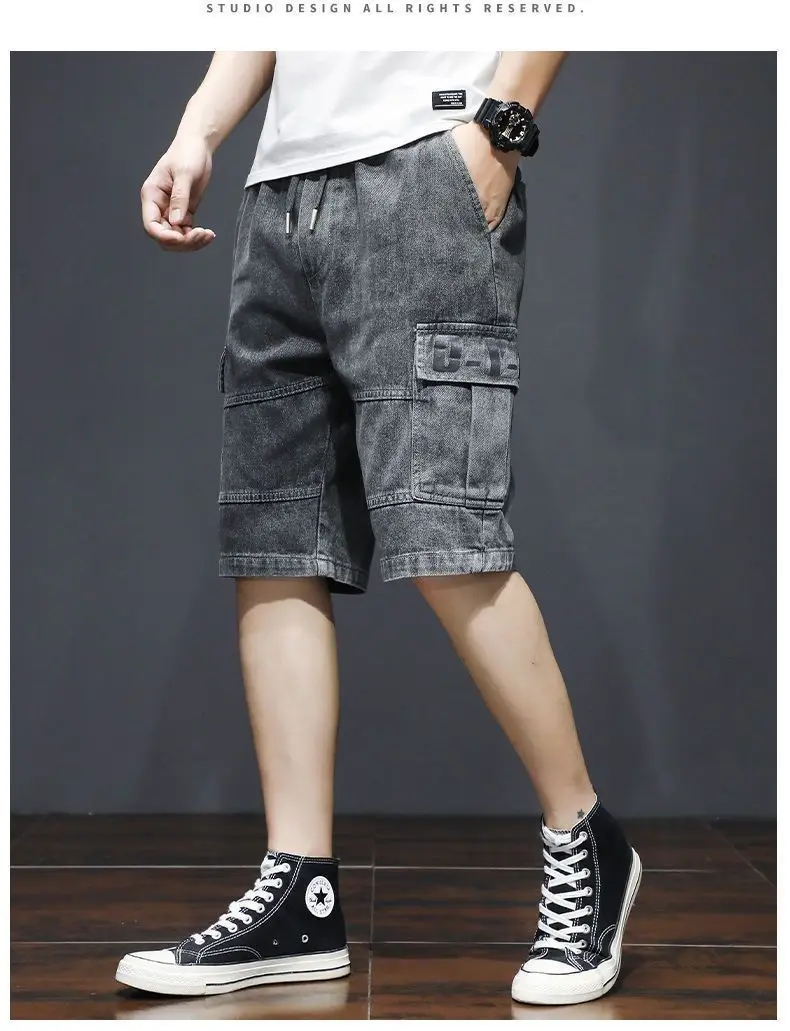 Harajuku Fashion Drawstring Designer Korean Luxury Boyfriend Multi Pocket Loose Casual Denim Jeans Men Summer Knee Length Shorts